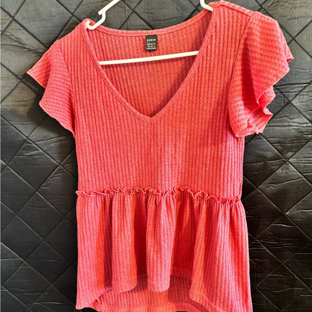 SHEIN Ribbed V-Neck Ruffle Top - Red